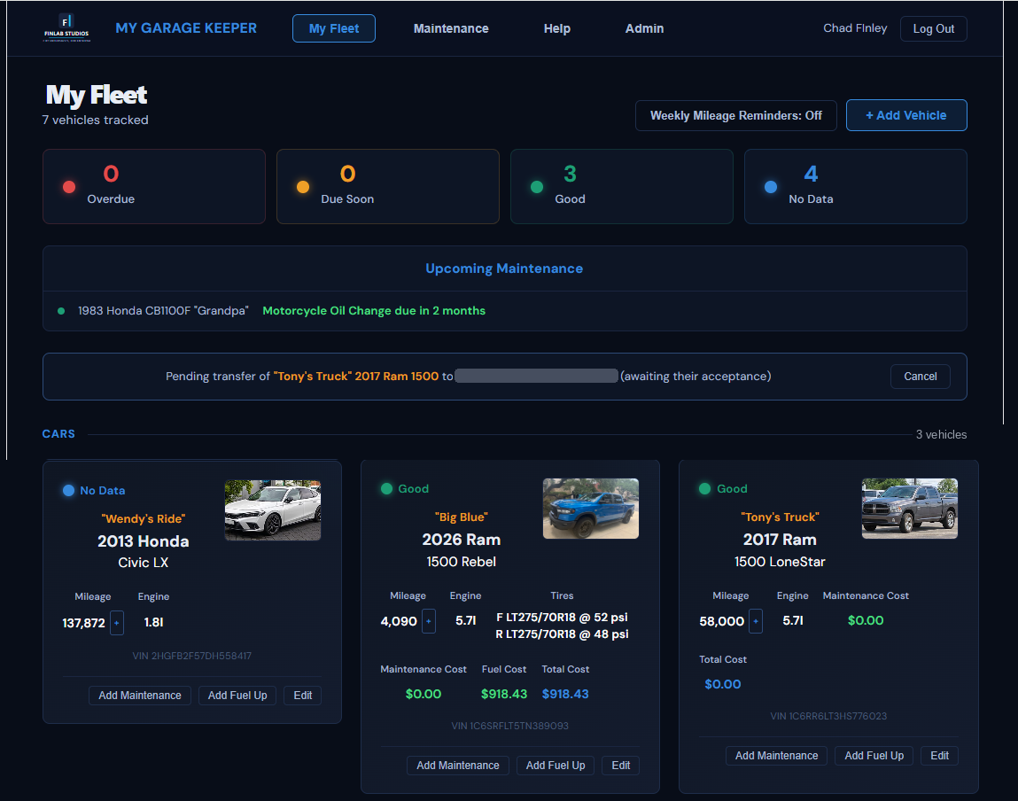 MyGarageKeeper fleet dashboard showing tracked vehicles, upcoming maintenance, and per-vehicle service status