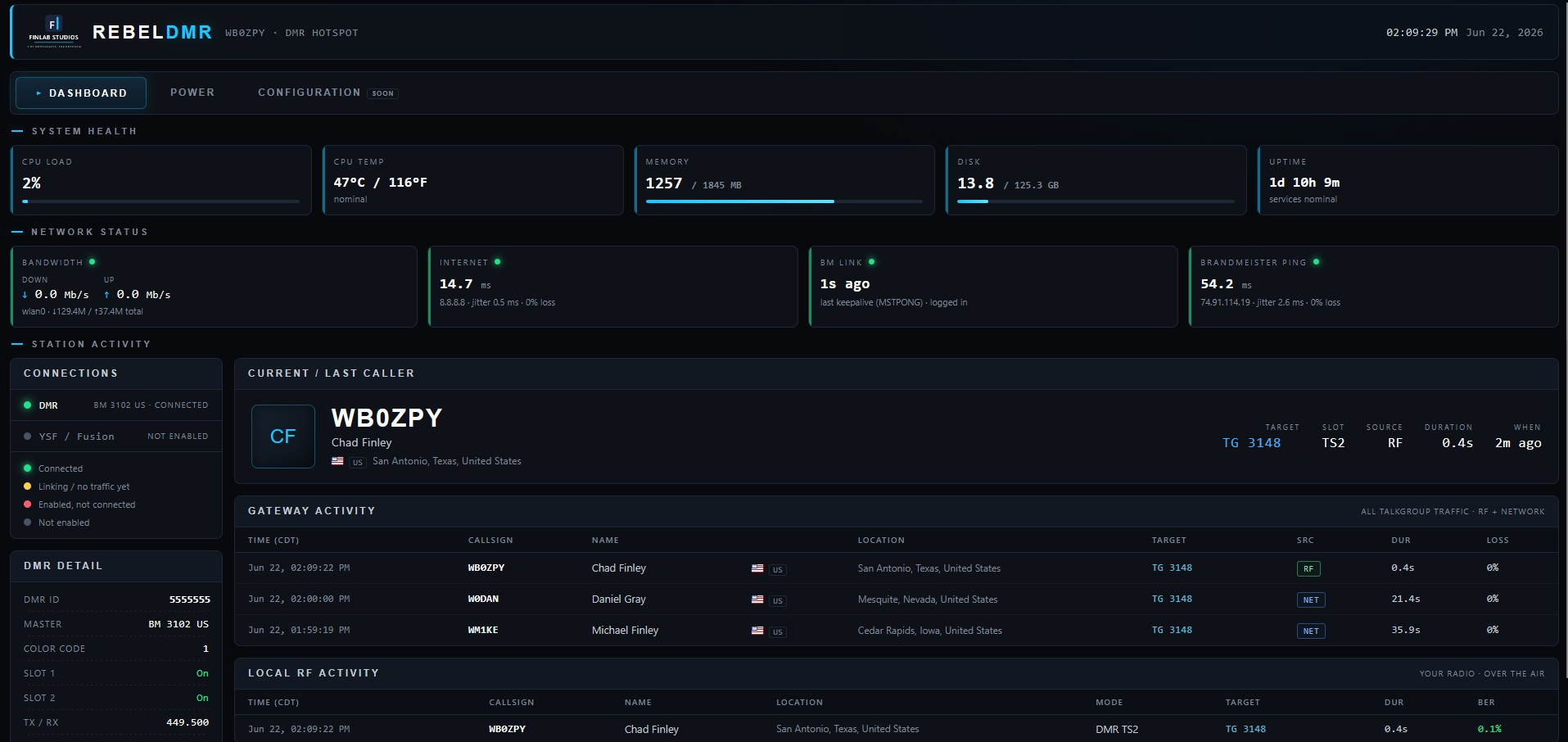 RebelDMR live dashboard showing system health, network status, and station activity